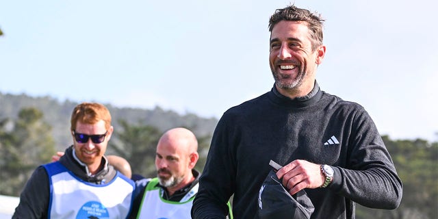 Green Bay Packers quarterback, Aaron Rodgers, wins the amateur portion during the continuation of the third round of the AT&amp;amp;T Pebble Beach Pro-Am at Pebble Beach Golf Links on February 5, 2023 in Pebble Beach, California.