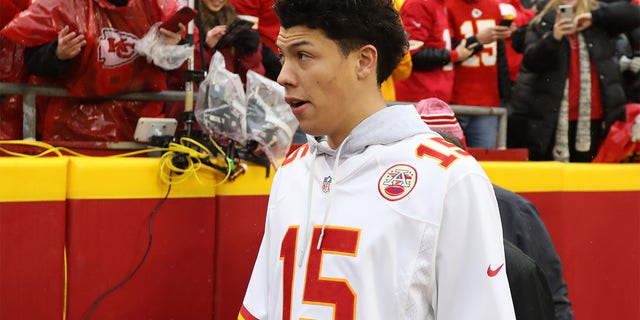 Kansas City Chiefs quarterback Patrick Mahomes' (15) brother Jackson Mahomes before an AFC divisional playoff game between the Jacksonville Jaguars and Kansas City Chiefs on January 21, 2023, at GEHA Field at Arrowhead Stadium in Kansas City, MO. 