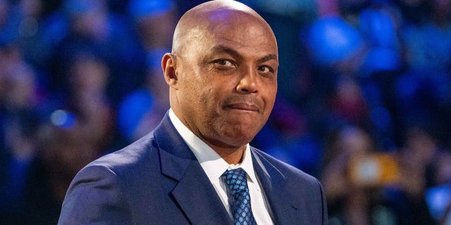 NBA great Charles Barkley is recognized for being selected to the NBA 75th Anniversary Team during halftime of the 2022 NBA All-Star Game at Rocket Mortgage FieldHouse in Cleveland Feb. 20, 2022.