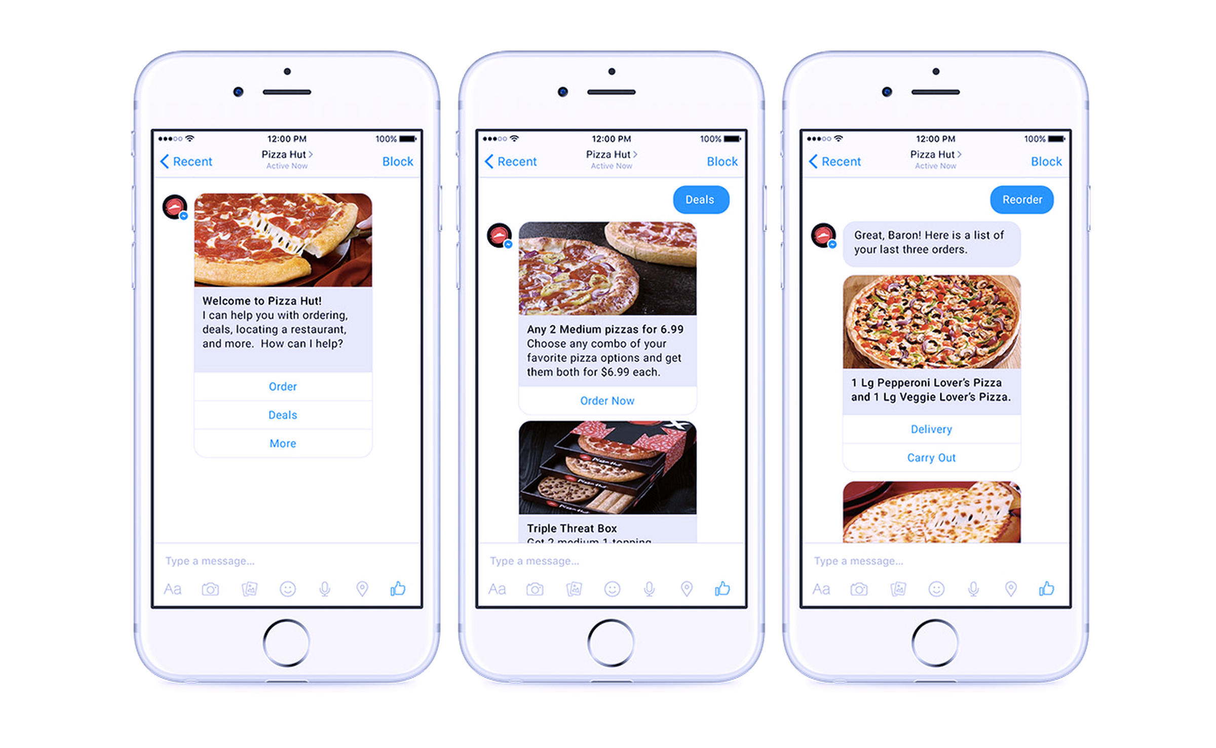 Three screenshots of Pizza Hut’s chatbot