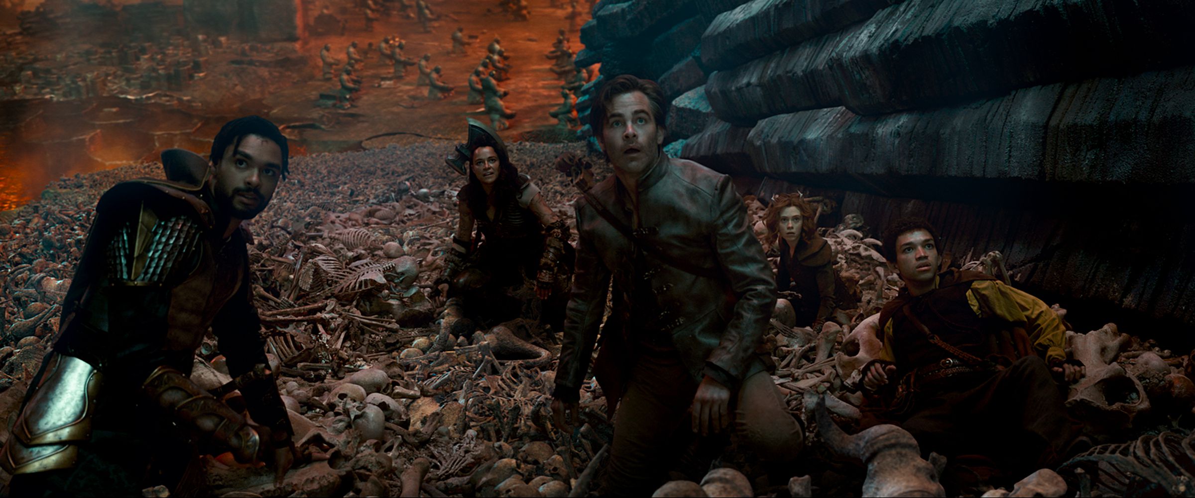 A screenshot taken from Paramount’s Dungeons &amp; Dragons: Honor Among Thieves movie depicting the cast in the ruins of Dolblunde.