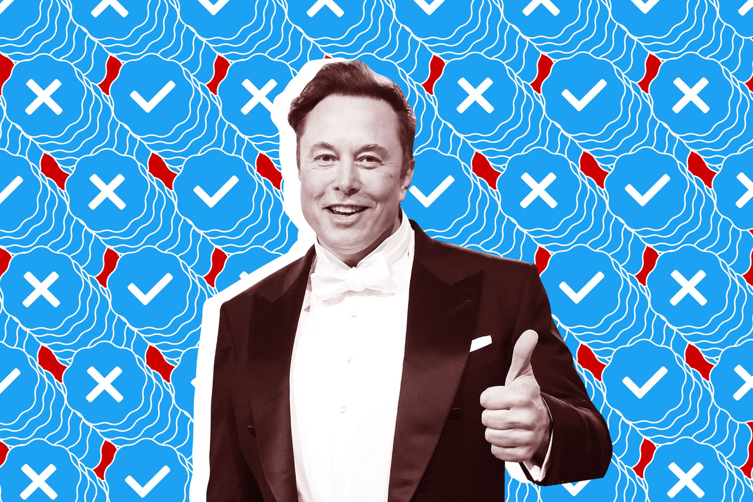 Elon Musk, with a background of Twitter badges