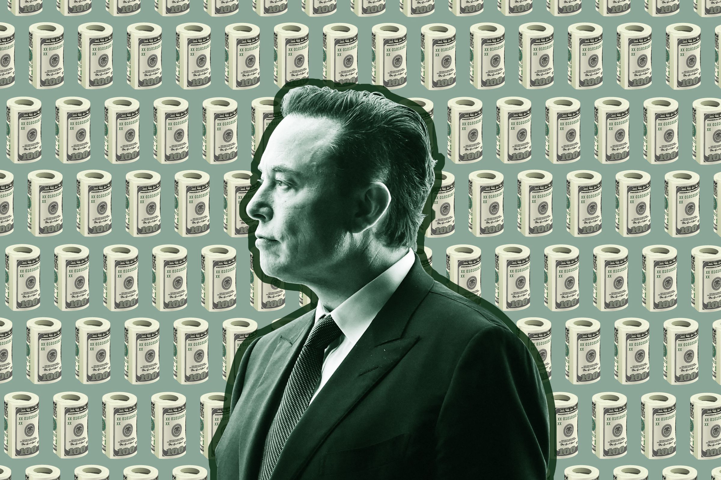 An image of Elon Musk on a background with a repeating pattern of folded dollar bills