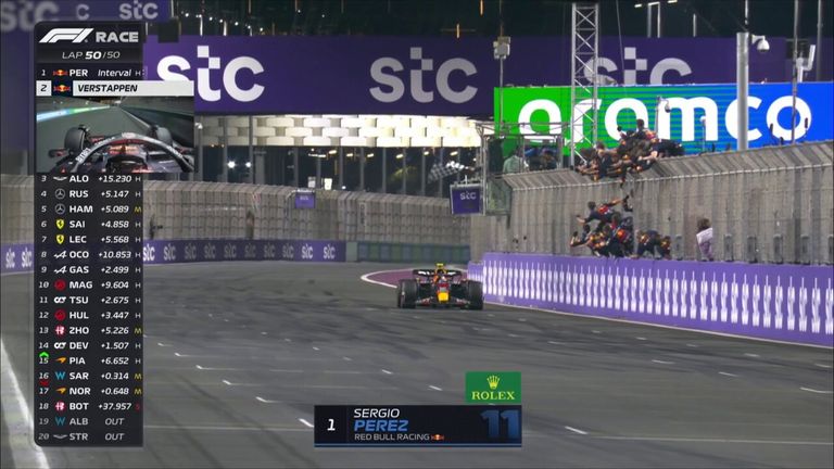 Red Bull driver Sergio Perez takes the win at the Saudi Arabian Grand Prix, with team-mate Max Verstappen following behind