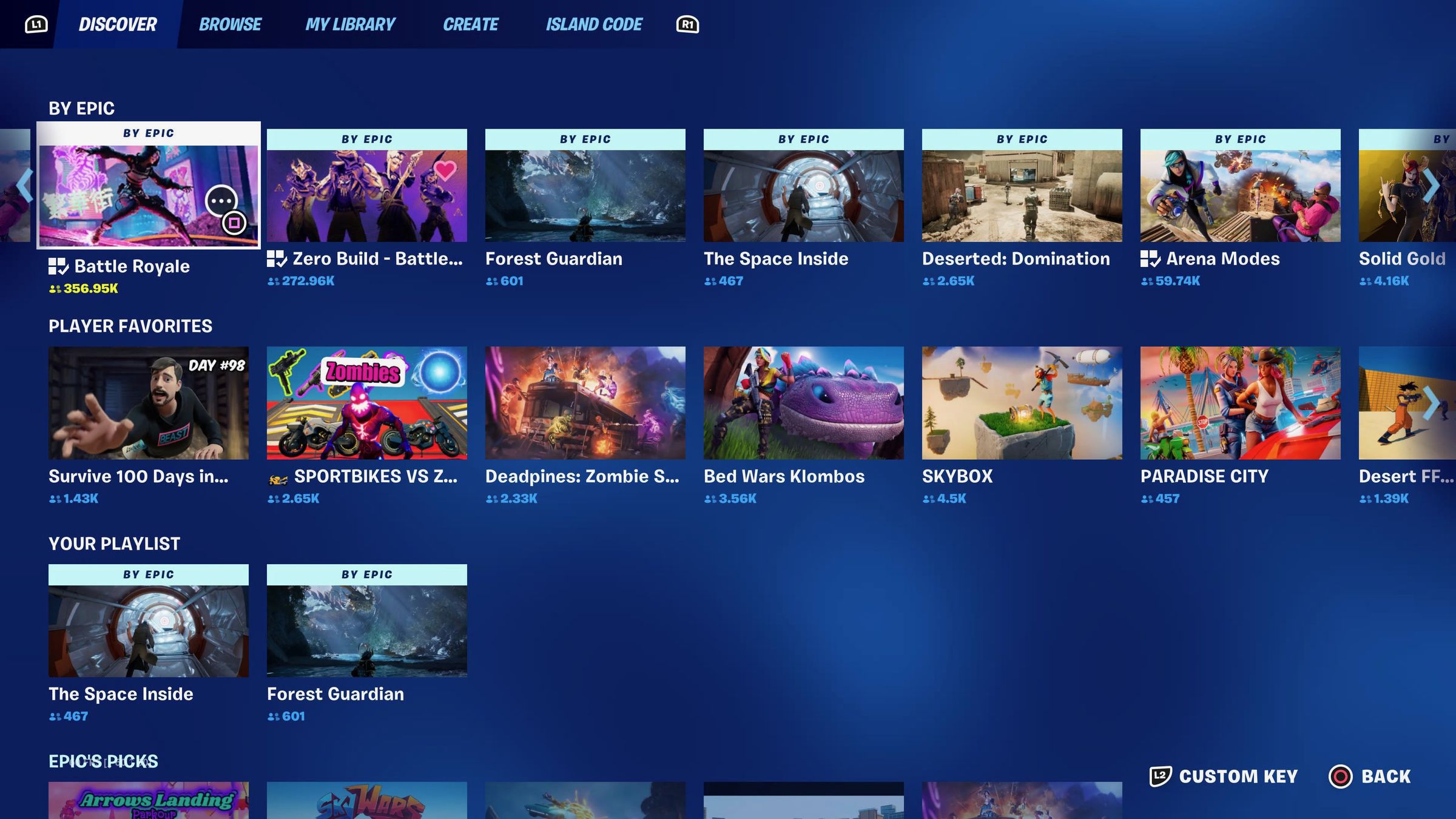 A screenshot of Fortnite’s Discover tab.