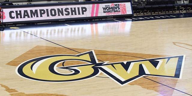 The George Washington Colonials logo on the floor before an Atlantic 10 Women's Basketball Tournament - First Round college basketball game against the Richmond Spiders at the Smith Center on March 3, 2020 in Washington, D.C.