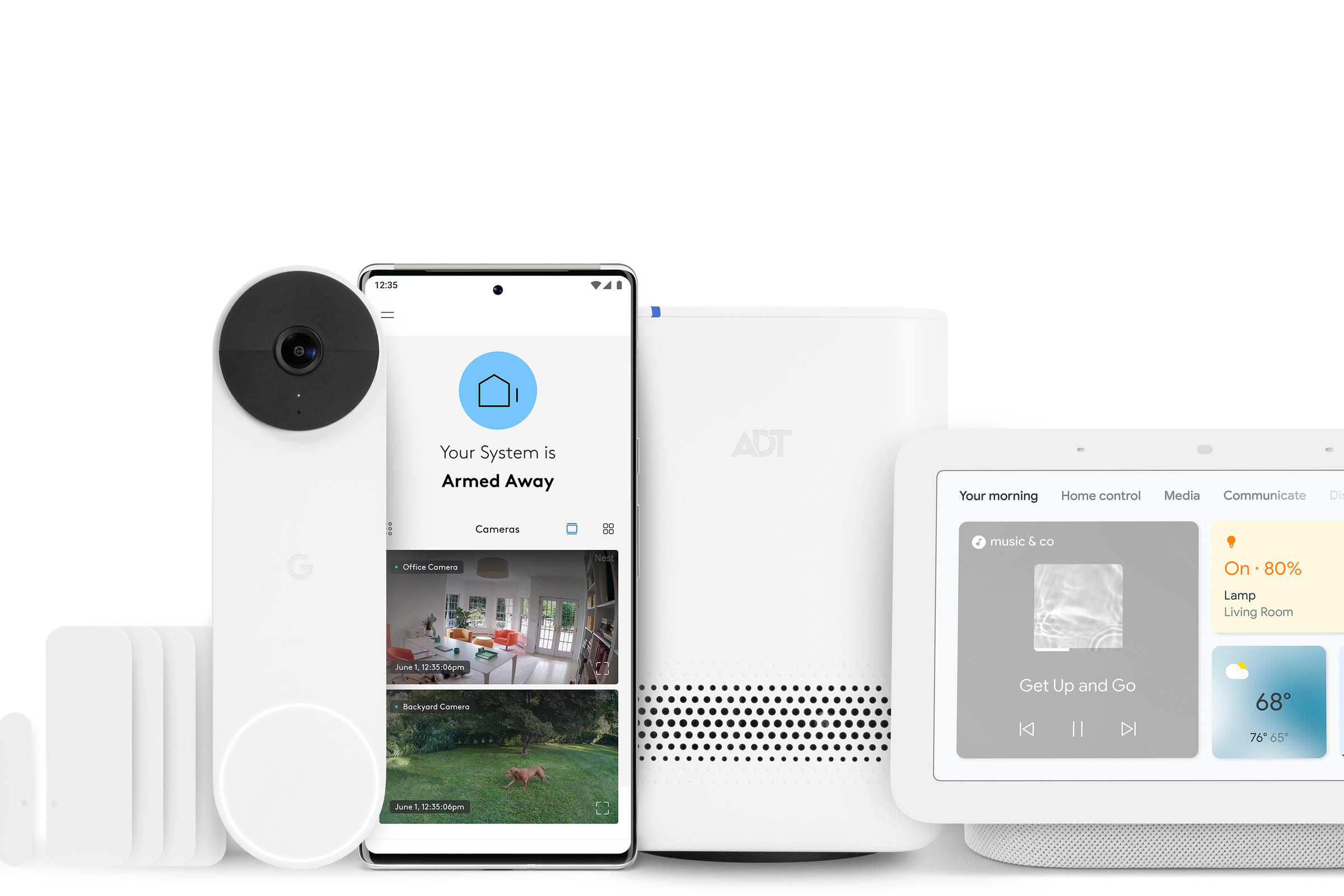 White security sensors lined up with a smartphone, Google Nest video doorbell and Google Nest Hub.