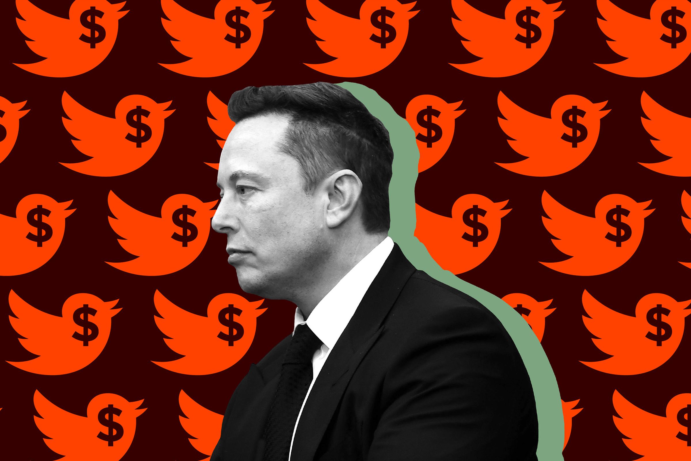 Illustration showing Elon Musk in profile, in front of Twitter logos with a dollar sign inserted in place of the bird’s eye.