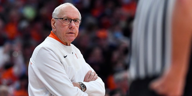 Syracuse men's basketball coach Jim Boeheim looks toward a referee during the first half of a game against Duke in Syracuse, N.Y., on Feb. 26, 2022.