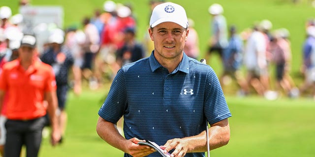 Jordan Spieth walks to the ninth hole during the final round of the Tour Championship at East Lake Golf Club Aug. 28, 2022, in Atlanta. 