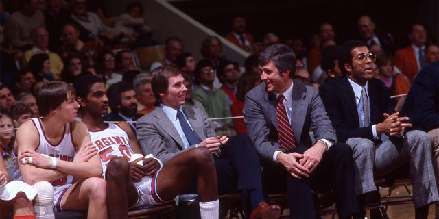 College Basketball: Virgina coach Terry Holland, center, on bench during game versus Duke at University Hall in Charlottesville, Virginia, Jan. 31, 1981.