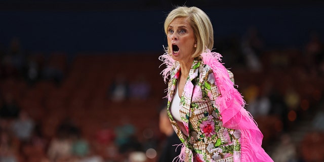 Head coach Kim Mulkey of the LSU Lady Tigers reacts during the first half against the Utah Utes in the Sweet 16 of the women's NCAA Tournament at Bon Secours Wellness Arena March 24, 2023, in Greenville, S.C.