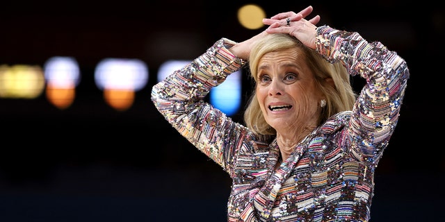 Head coach Kim Mulkey of the LSU Lady Tigers reacts during the third quarter of a game against the Miami Hurricanes in the Elite Eight round of the NCAA Women's Tournament at Bon Secours Wellness Arena March 26, 2023, in Greenville, S.C.