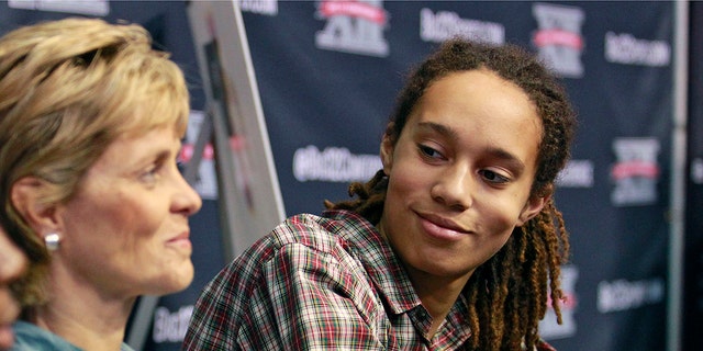 Baylor's head coach Kim Mulkey and Brittney Griner talk to the press during the women's Big 12 basketball media day at American Airlines Center in Dallas, Oct. 25, 2012. 