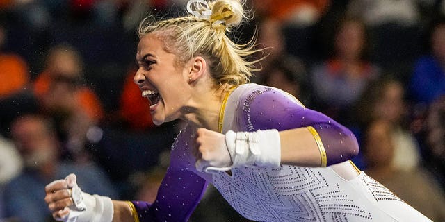 LSU Tigers gymnast Olivia Dunne reacts after competing during the SEC Gymnastics Championship at Gas South Arena in Duluth, Georgia, March 18, 2023.