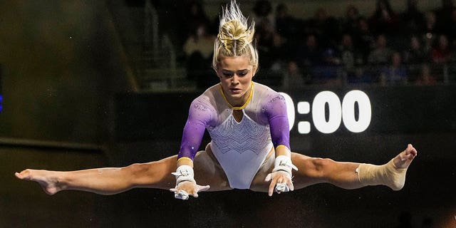 Tigers gymnast Olivia Dunne shown competing during the SEC Gymnastics Championship at Gas South Arena in Duluth, Georgia, March 18, 2023.