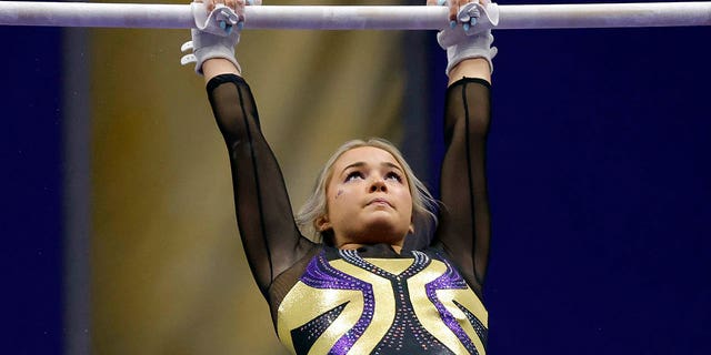 LSU gymnast Olivia Dunne competes during an NCAA gymnastics meet against Arkansas on Friday, Jan. 8, 2021 in Baton Rouge, Louisiana.