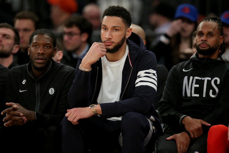 Mar 1, 2023; New York, New York, USA; Brooklyn Nets injured guard Ben Simmons (10) watches from the bench during the third quarter against the New York Knicks at Madison Square Garden. Mandatory Credit: Brad Penner-USA TODAY Sports