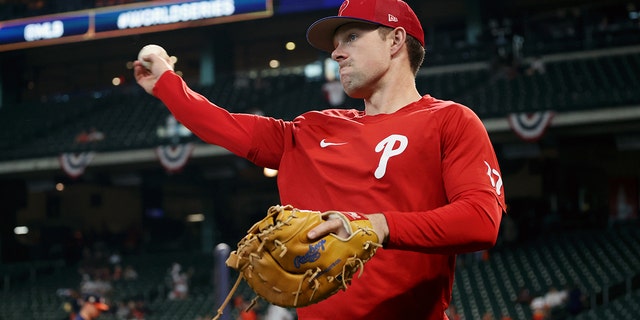 Rhys Hoskins of the Philadelphia Phillies warms up during batting practice prior to Game 6 of the 2022 World Series against the Houston Astros at Minute Maid Park Nov. 5, 2022, in Houston.