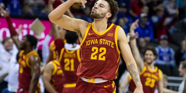 Iowa State guard Gabe Kalscheur gestures after hitting a 3-point shot during the Big 12 Tournament game between the Baylor Bears and the Iowa State Cyclones at the T-Mobile Center in Kansas City, Mo., on Thursday.