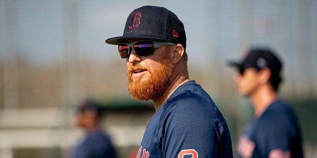 Justin Turner of the Boston Red Sox during a spring training workout on Feb. 23, 2023, at JetBlue Park at Fenway South in Fort Myers, Florida.