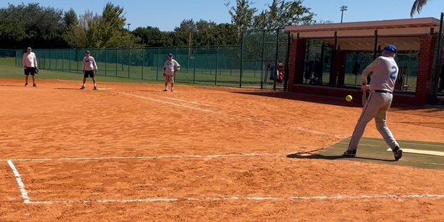 Dale Appleby, 92, shown at right, still gets on base during his softball games in The Villages, Florida.