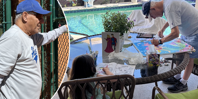 John Panariello, 88, looks out from the dugout (left) during his softball game in The Villages, Florida. On the right, he draws for a great-granddaughter in his spare time.