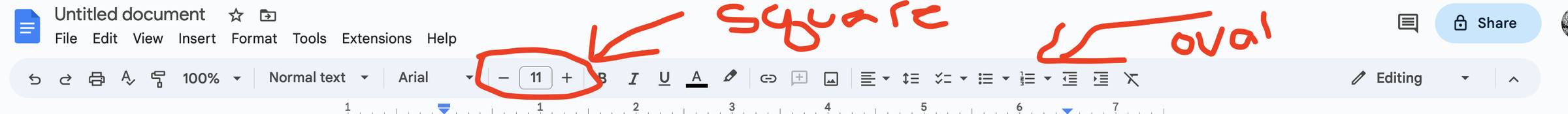 A screenshot of the Google Docs toolbar, annotated with “oval” and “square” on each element