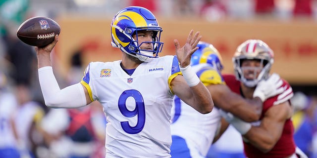 Los Angeles Rams quarterback Matthew Stafford (9) passes against the San Francisco 49ers during the first half of an NFL football game in Santa Clara, Calif., Monday, Oct. 3, 2022. 