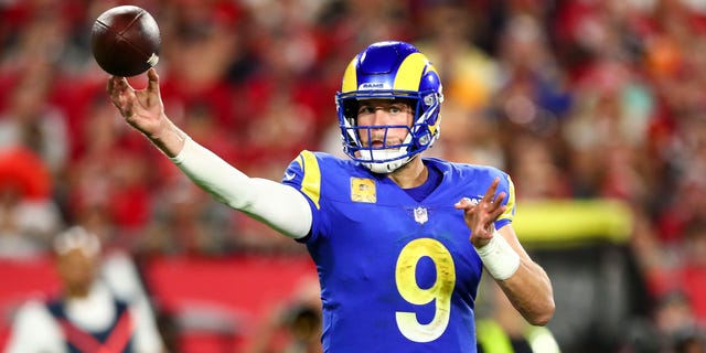 Matthew Stafford #9 of the Los Angeles Rams throws a pass during the fourth quarter of an NFL football game against the Tampa Bay Buccaneers at Raymond James Stadium on November 6, 2022 in Tampa, Florida. 