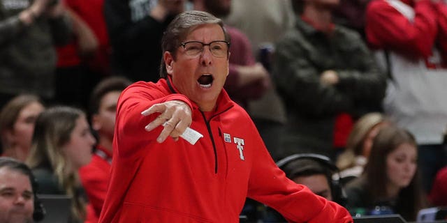 Texas Tech Red Raiders head coach Mark Adams on the sidelines in the first half against the West Virginia Mountaineers at United Supermarkets Arena in Lubbock, Texas, Jan. 25, 2023.