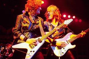 The German band Accept, on stage, circa 1980-1985. (Photo by Fin Costello/Redferns/Getty Images)