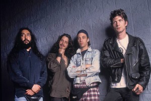 Group portrait of members of the Rock band Soundgarden as they pose at the World Music Theater, Tinley Park, Illinois, August 2, 1992. Pictured are, from left, Kim Thayil, Chris Cornell, Ben Shepherd, and Matt Cameron. (Photo by Paul Natkin/Getty Images)