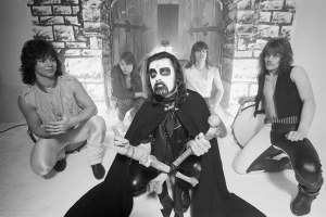 LONDON - 1st MARCH: Danish Heavy Metal band Mercyful Fate posed in London in March 1983. Left to Right: Hank Shermann, Michael Denner, King Diamond, Kim Ruzz, Timi Hansen (1958 - 2019). (Photo by Fin Costello/Redferns)