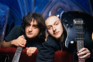 NEW YORK - OCTOBER 28: Justin Broadrick (right) and G.C. Green pose for a portrait on the set of their video production for “Crush My Soul” at the Angel Orensanz Foundation on October 28, 1994 in New York City, New York. (Photo by Karjean Levine/Getty Images)