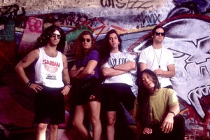 Group portrait of American music group Dream Theater as they pose at the Vic Theater, Chicago, Illinois, June 6, 1993. (Photo by Paul Natkin/Getty Images)