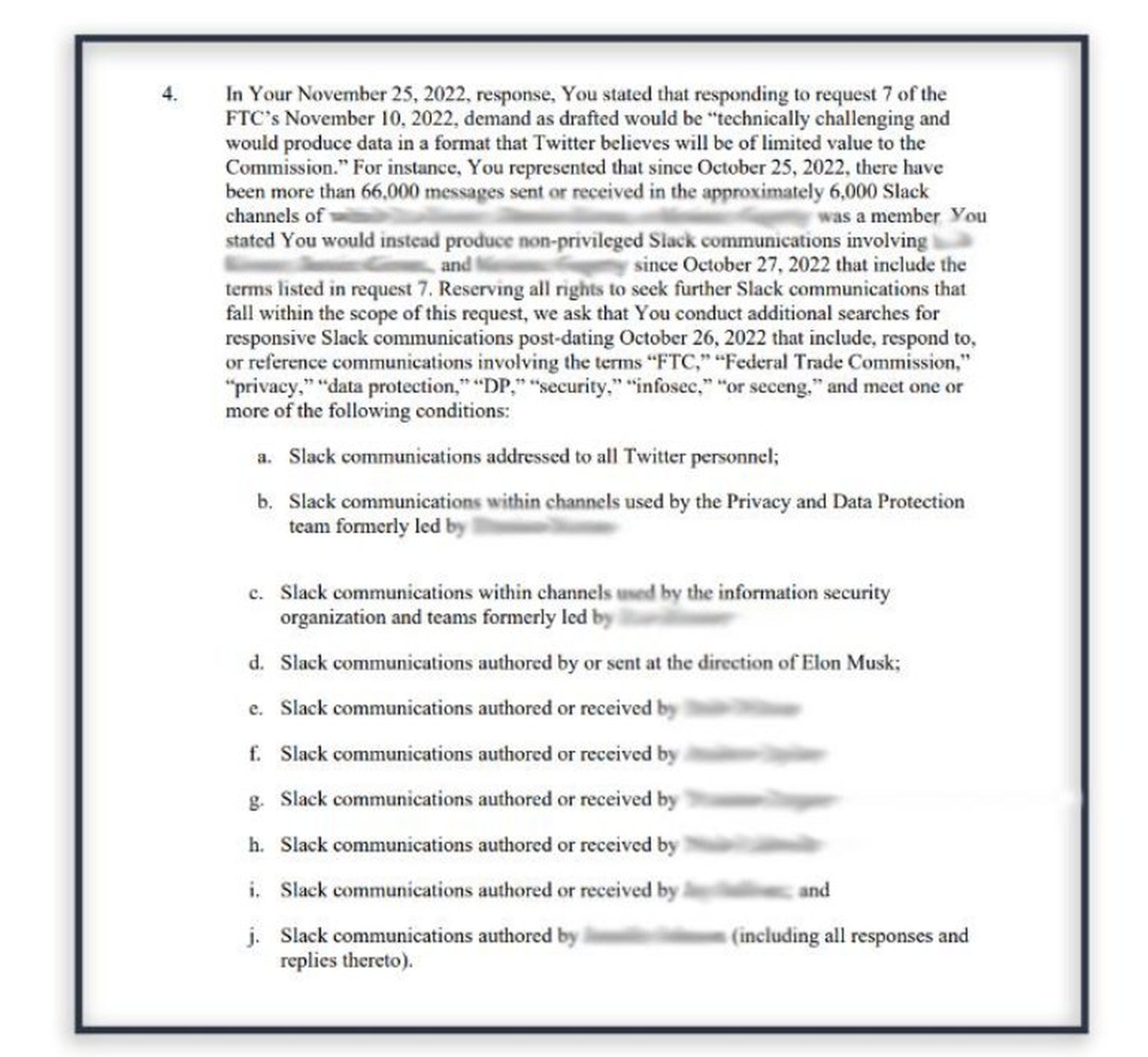 An FTC letter to Twitter requesting details on Slack communications about a number of things, including messages sent by owner Elon Musk.