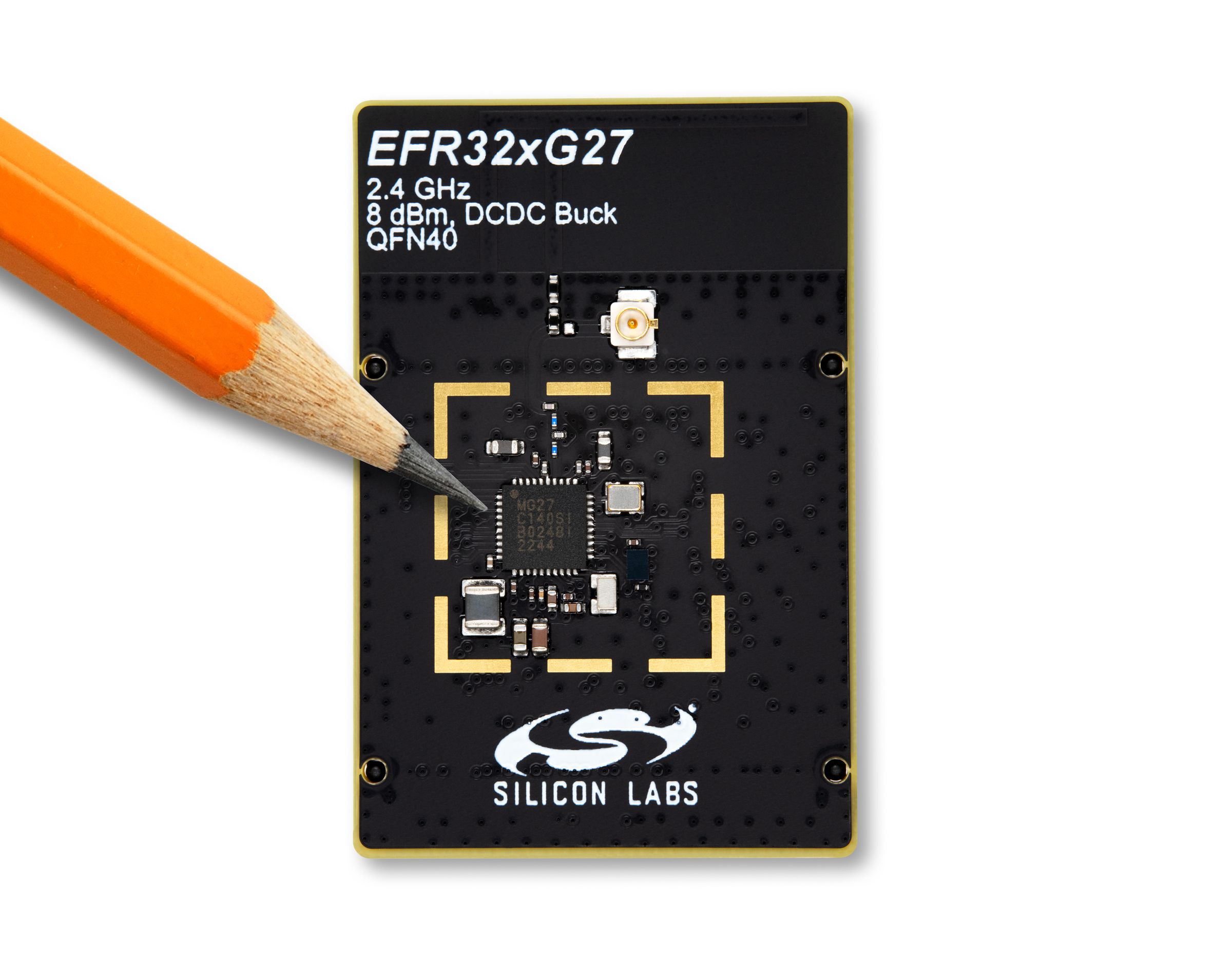 a render of the XG27 chip next to a pencil tip for scale.