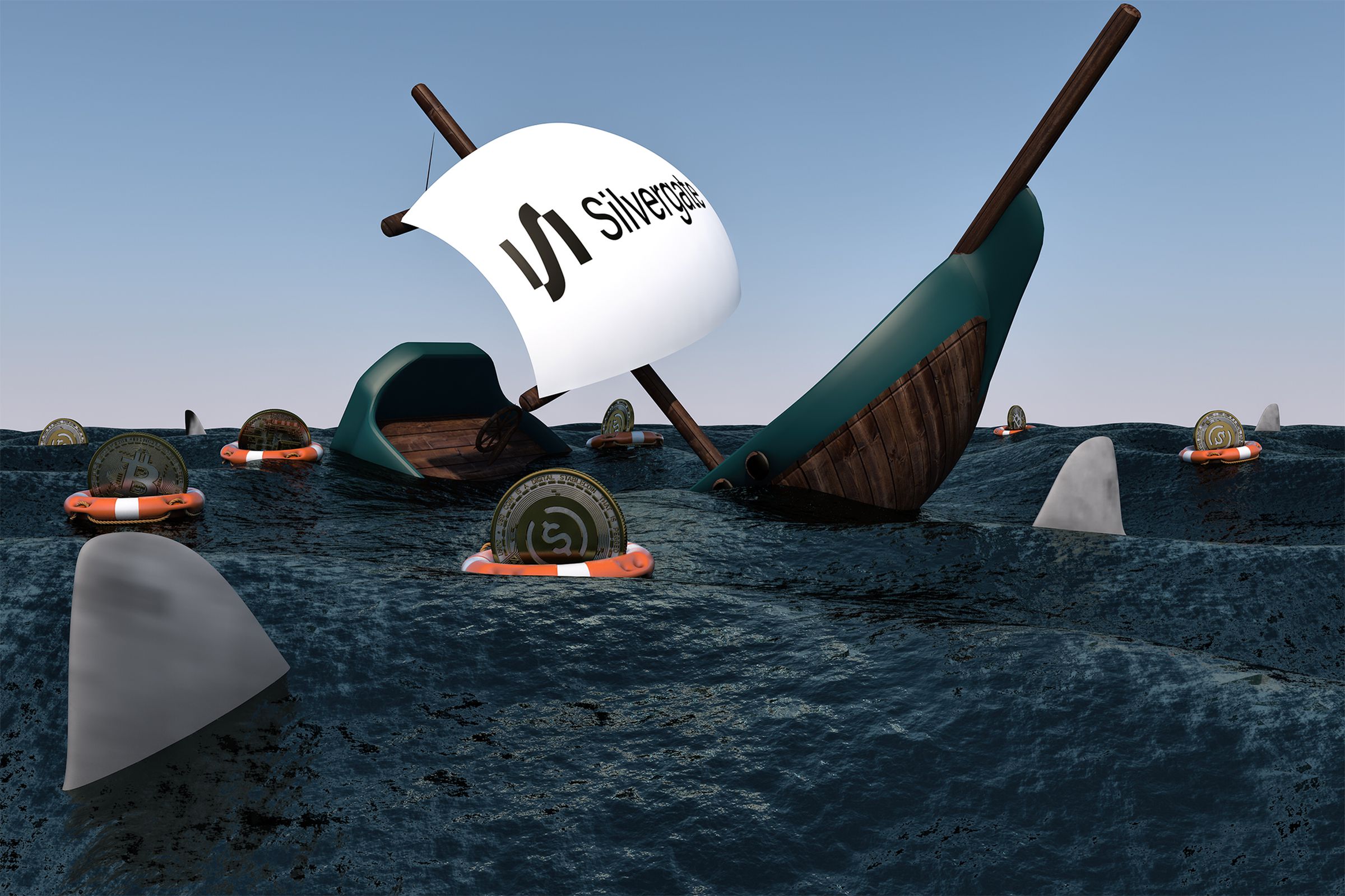 A sailing ship with the logo for Silvergate on the sail broken in half, sinking in a large body of water surrounded by Bitcoin and Stablecoins sitting in lifebuoys and shark fins.