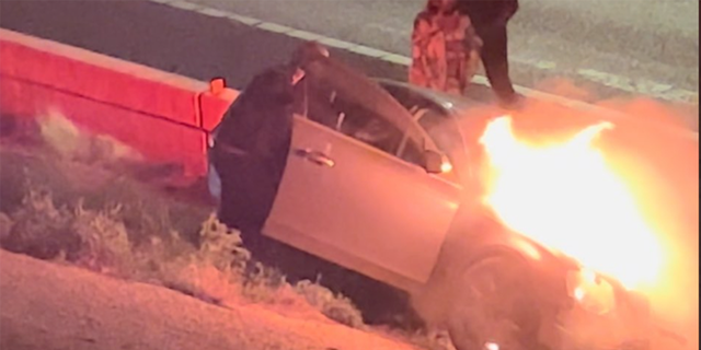 A vehicle on fire following a car crash in Austin, Texas on March 5, 2023. 