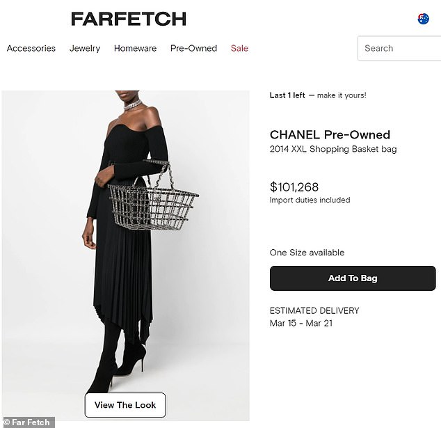 A 'preloved' Chanel shopping basket has been listed on Farfetch for $101,268 (pictured). The XXL Shopping Basket bag from the Autumn/Winter 2014 collection left many questioning the 'crazy' price of the secondhand item