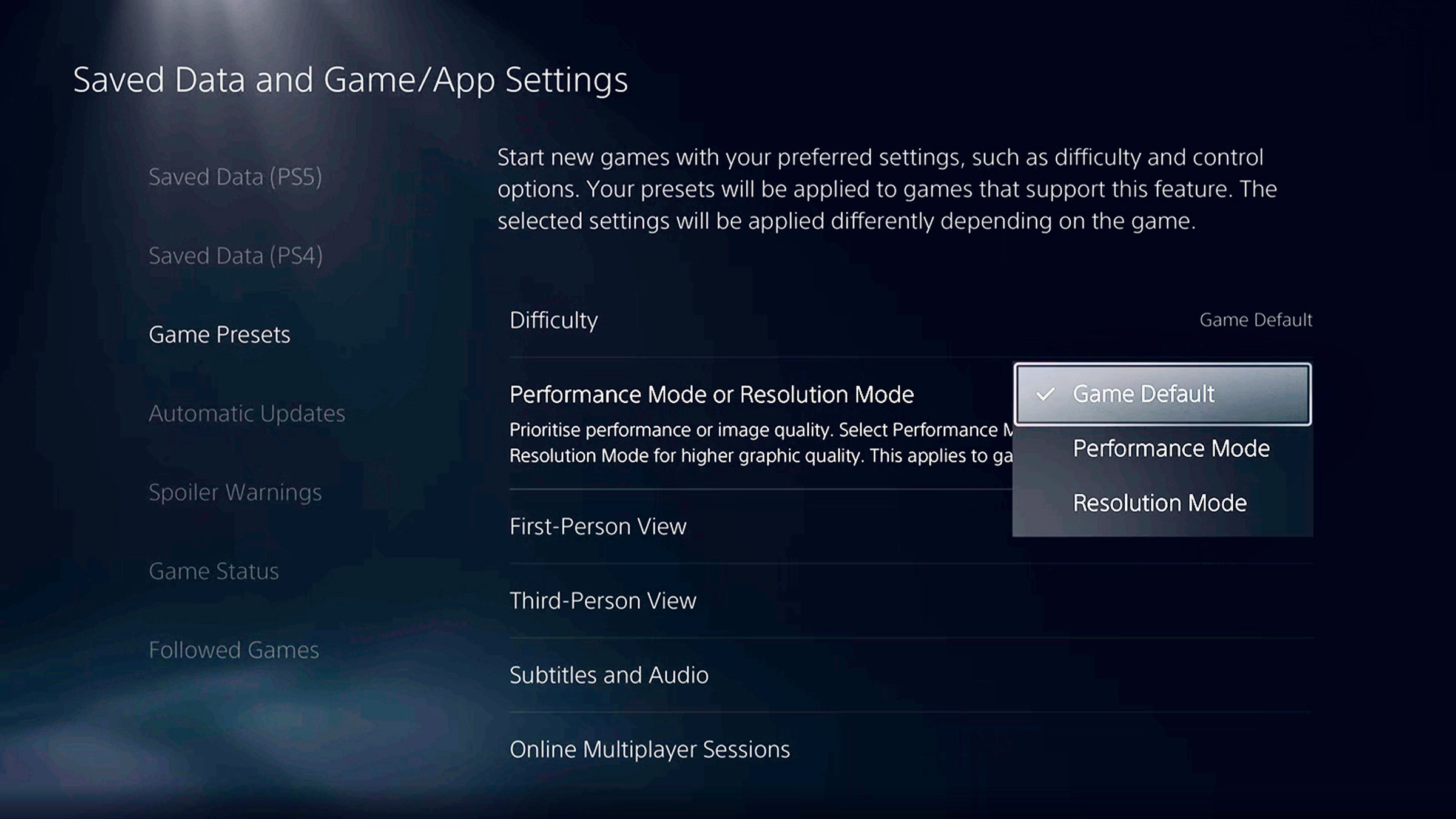 The Saved Data and Game / App Settings page showing drop-down menu headed Game Default with Performance Mode and Resolution Mode choices.