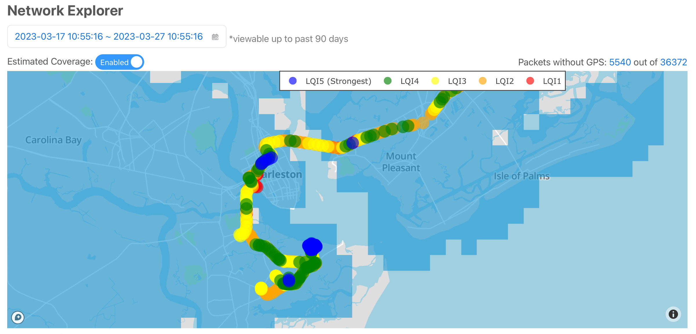 Each dot shows a successful ping from the Sidewalk network at 10-second intervals in this data from a Sidewalk Test Kit. The colors indicate strength. The blue overlay indicates blanket coverage.