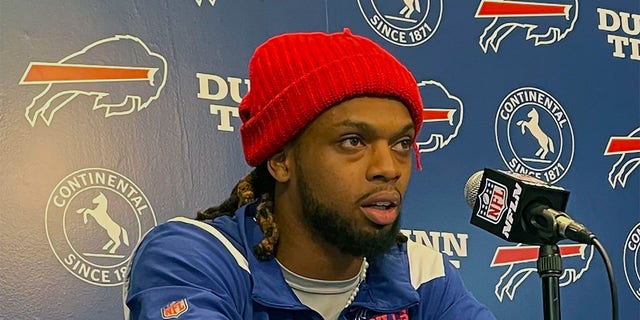 Buffalo Bills safety Damar Hamlin speaks to reporters at the team's facility in Orchard Park, N.Y., Tuesday, April 18, 2023.