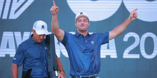 Bryson DeChambeau of Crushers GC celebrates after winning the team award during the LIV Golf Invitational - Mayakoba on Feb. 26, 2023, in Playa del Carmen, Mexico.