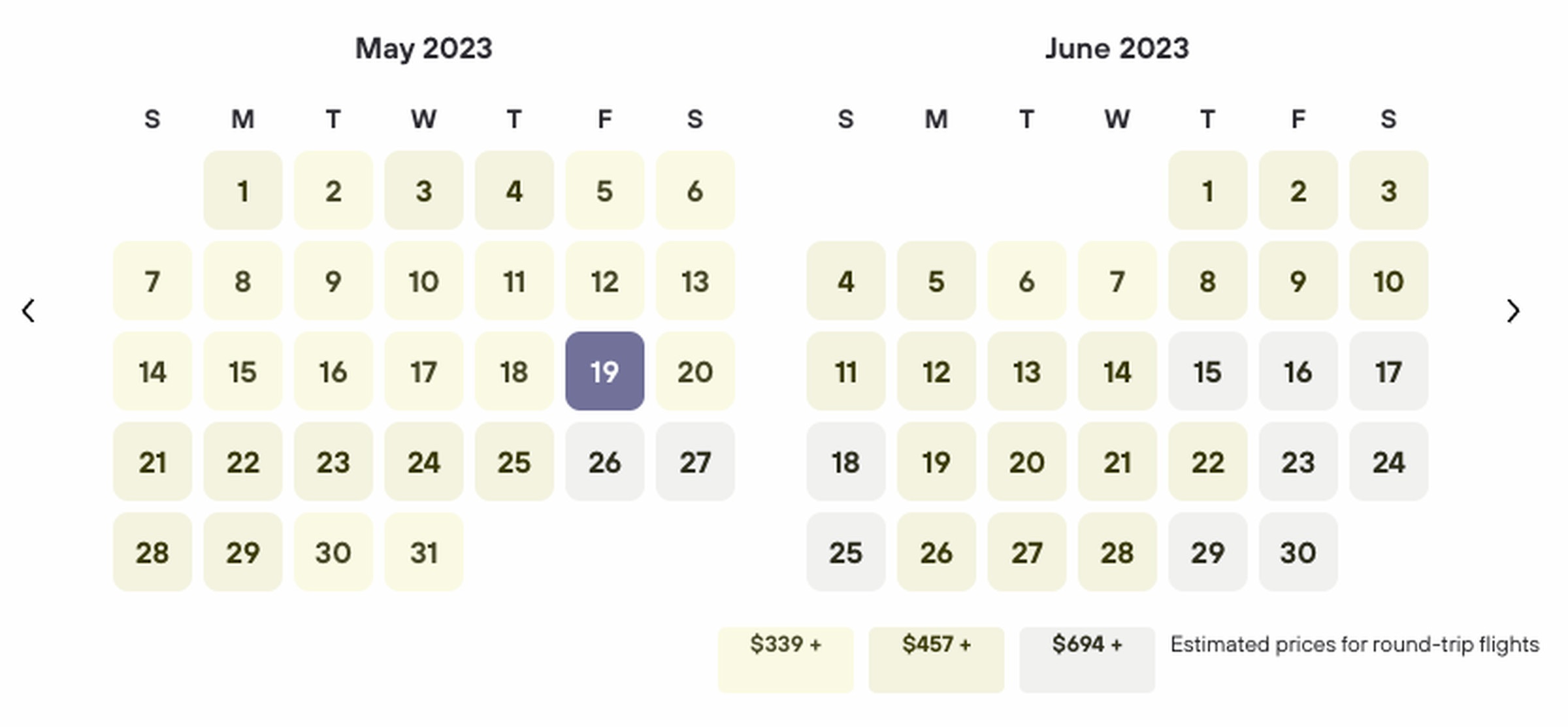 Kayak calendar fares, with low/middle/high fares highlighted in different colors. The screenshot has been processed to simulate deuteranopia, also known as red-green colorblindness.