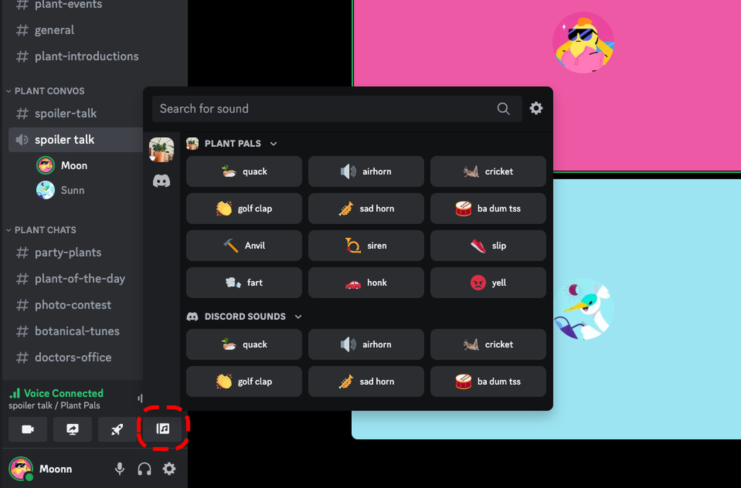 A screenshot showing Discord’s soundboard.