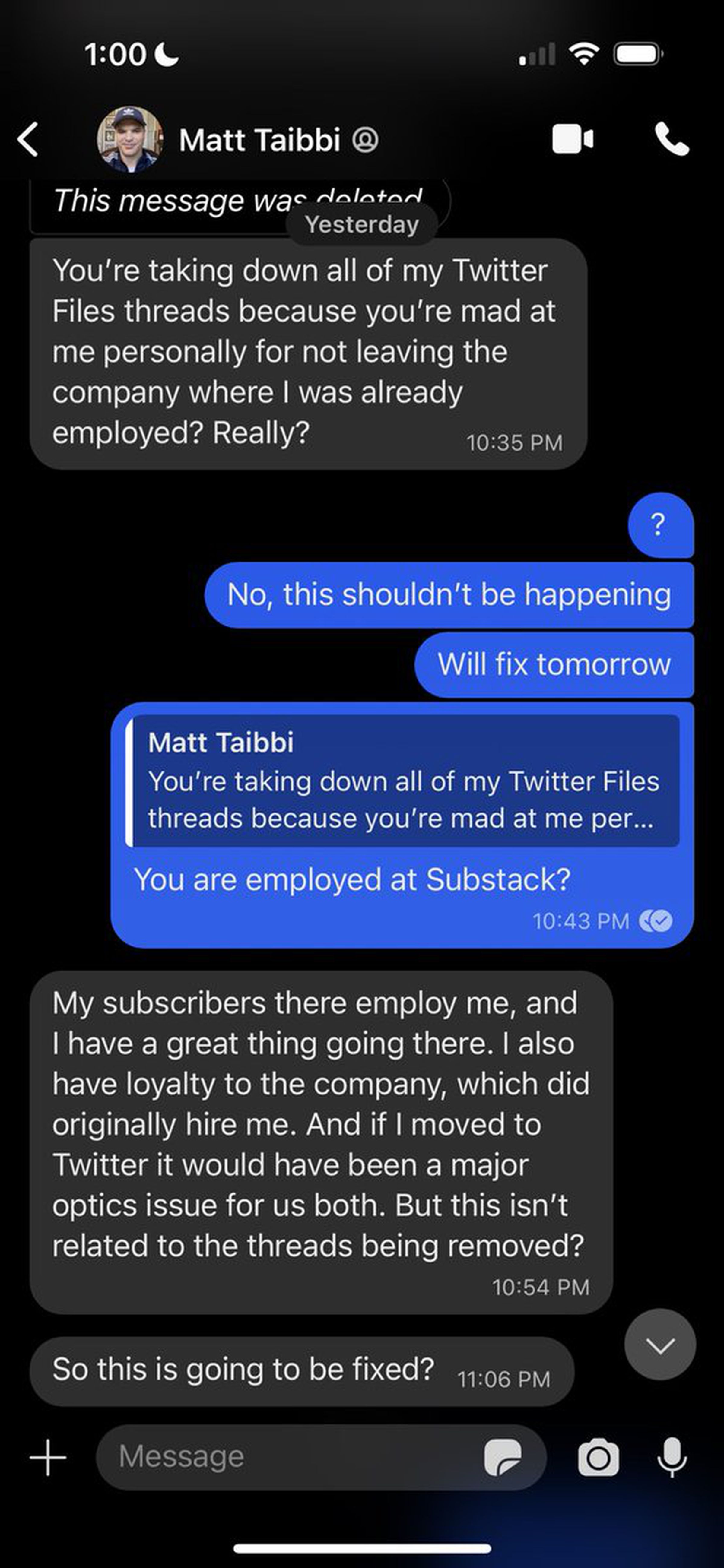 A screenshot of a DM conversation between Elon Musk and Matt Taibbi.