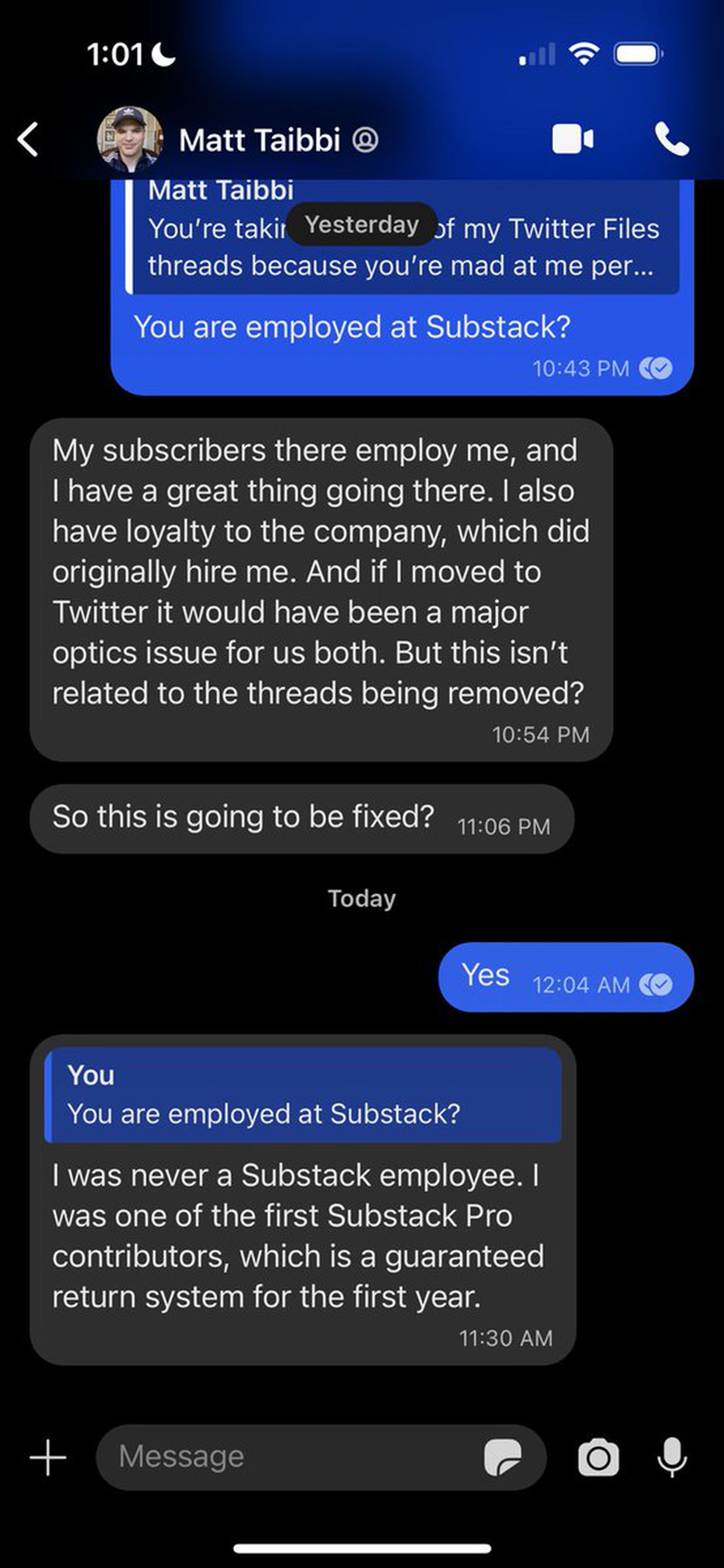 A screenshot of a DM conversation between Elon Musk and Matt Taibbi.