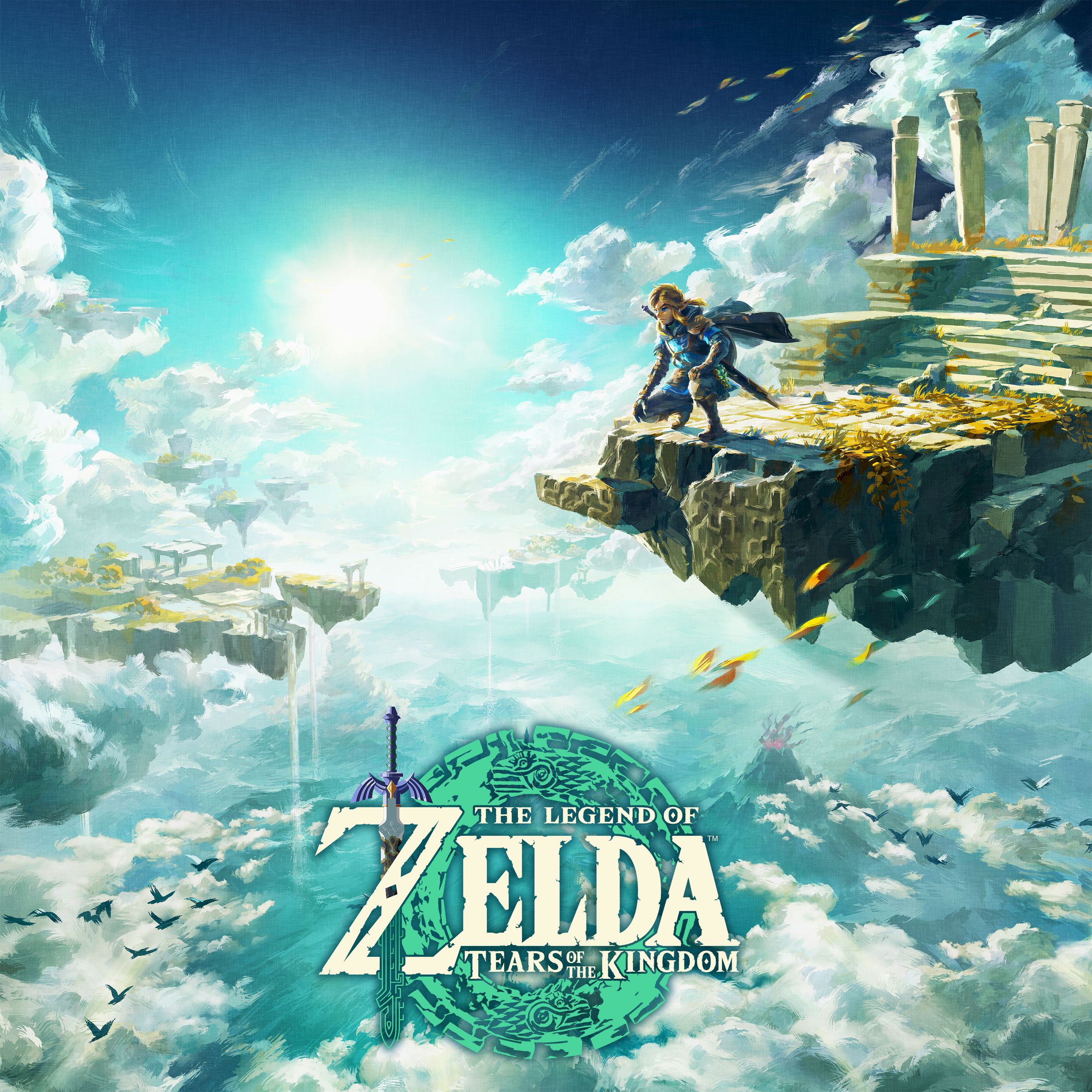 Link, wearing a blue cloak, kneels down at the edge of an island, hovering above the clouds. Other sky islands float in the background.